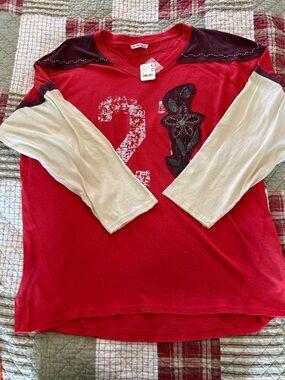 Free People Red Long Sleeve Layered-Look Tee with Cream Sleeves
